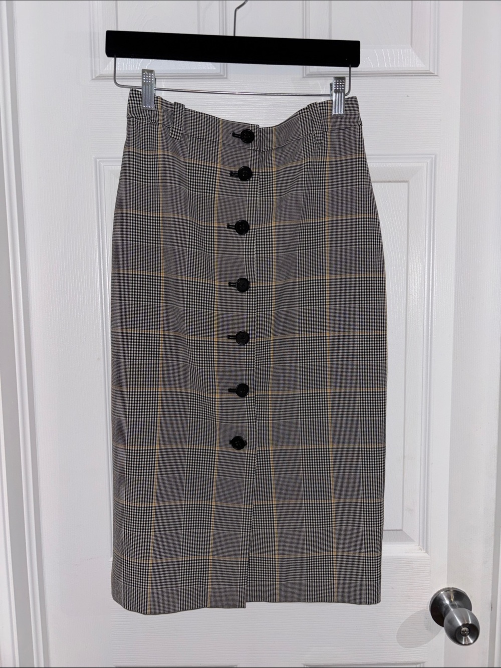 Wilfred Plaid Button-Front Pencil Skirt - Gray with Tan Stripes